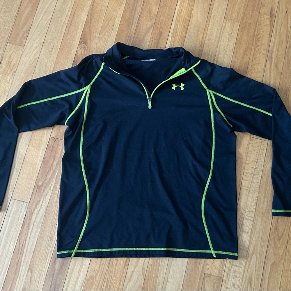 Under Armour Black and Neon Green Pullover Quarter Zip Cold Gear Large